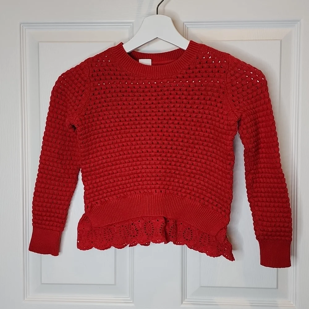 Gap Kids Red Open Knit Sweater With Eyelet Trim, Girls Small (6-7)
